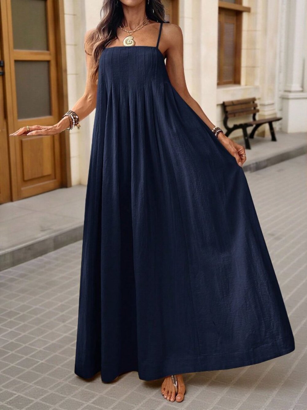 Blue Casual Women's square neck loose fit maxi Dress, - Picture 3 of 7